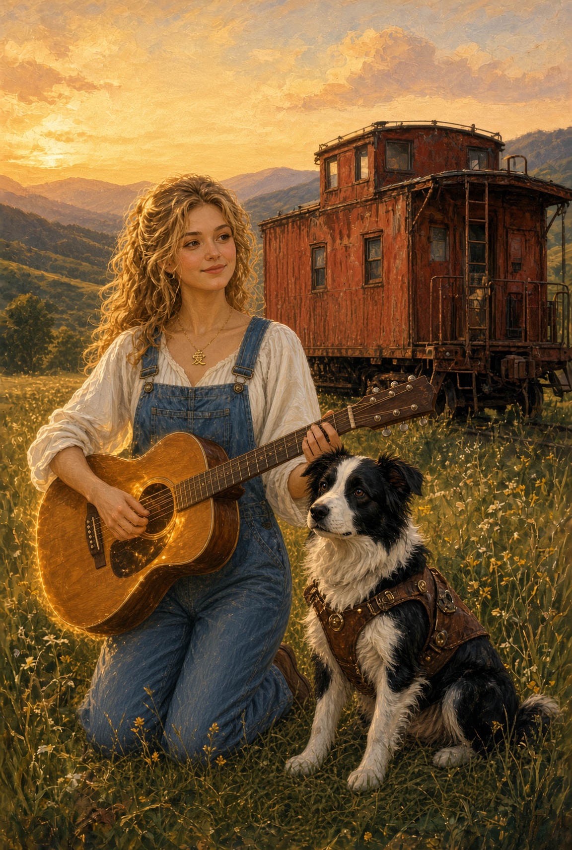 Dolly with guitar and the rusty red caboose