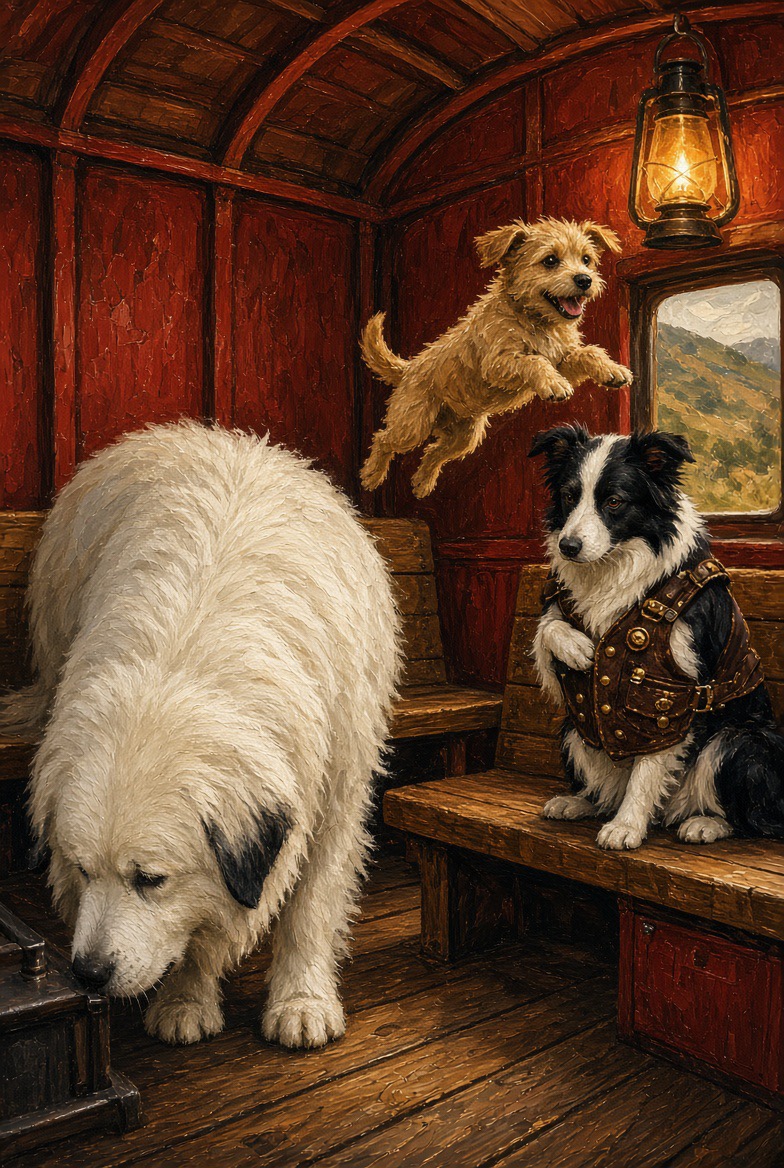 Leo, Pip, and Charlotte inside the caboose