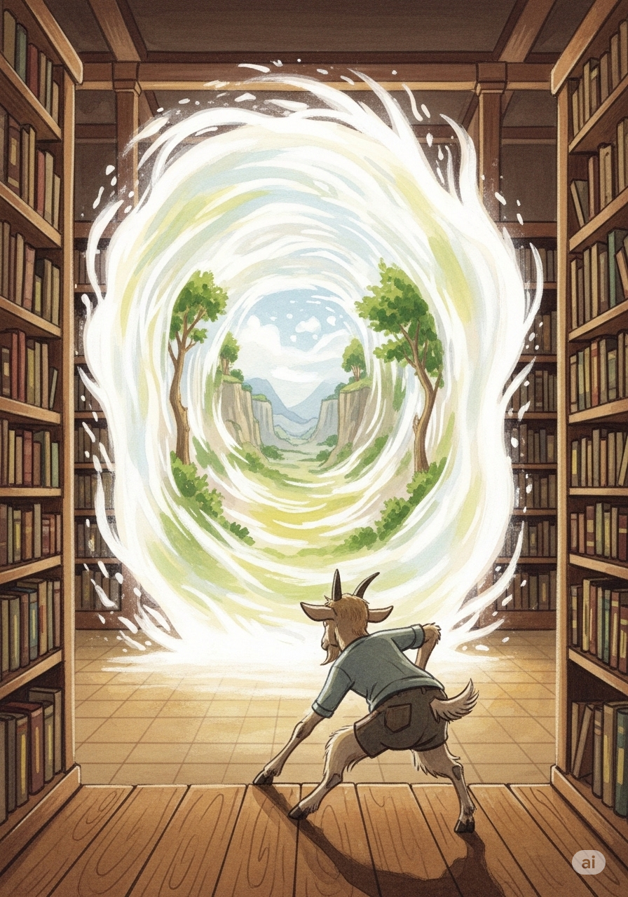 A portal opens in the library