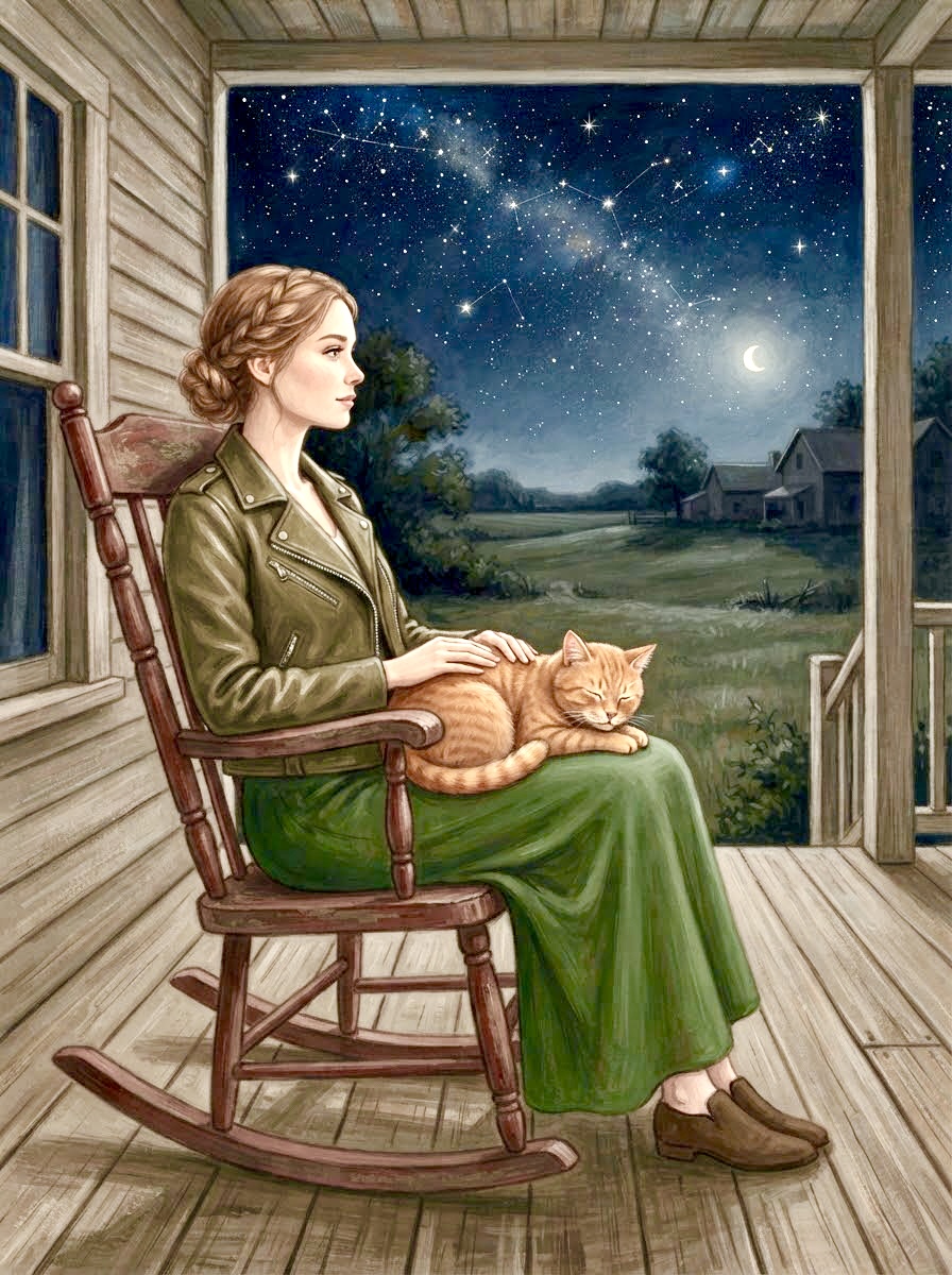 Dolly and Barnaby sitting together on the porch under the starlit sky