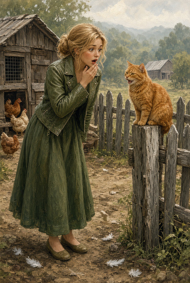 Barnaby the ginger cat sitting on the fence post speaking to Dolly