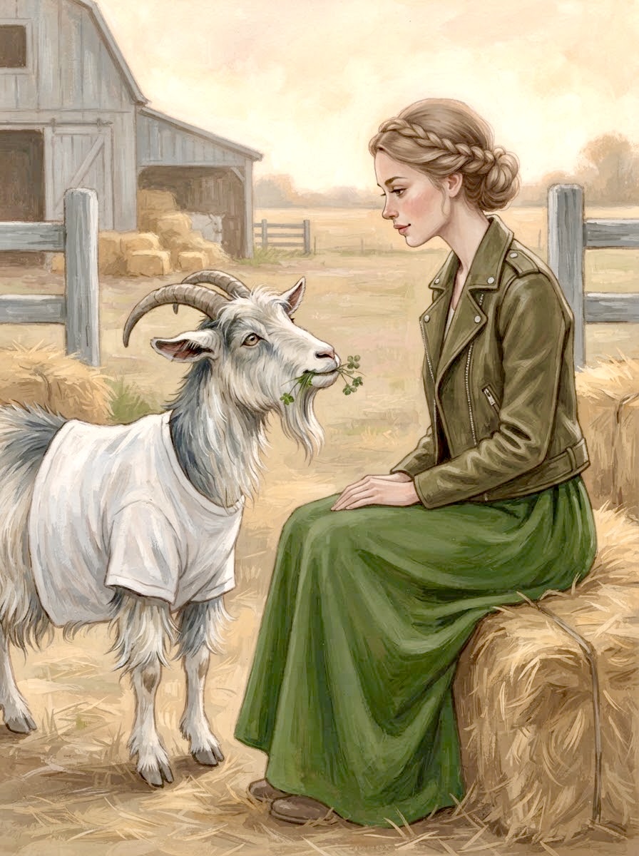 Eudora the goat philosophizing with a mouthful of clover