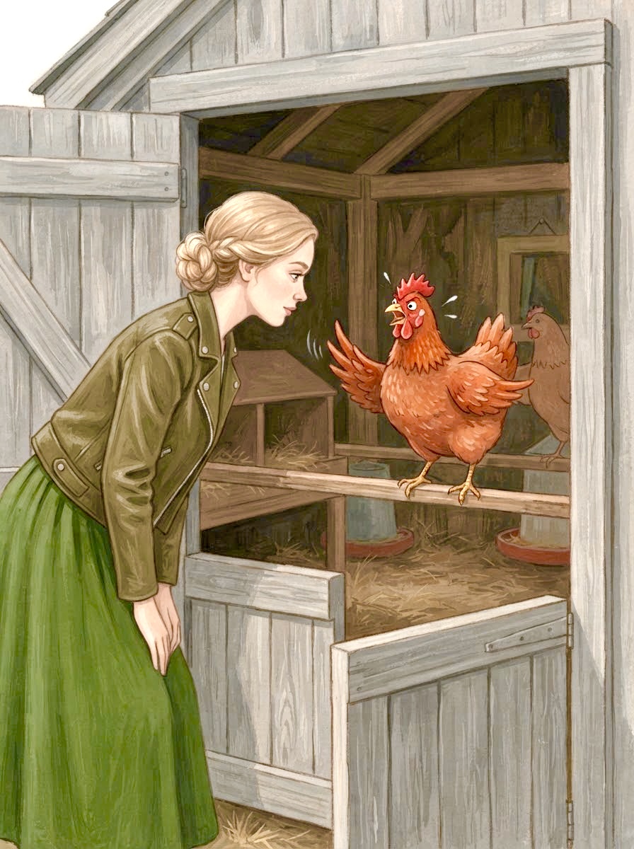 Clara and the flock of chickens gossiping around the coop