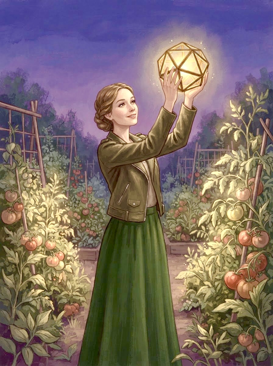 Dolly holding the glowing dodecahedron aloft in the twilight garden