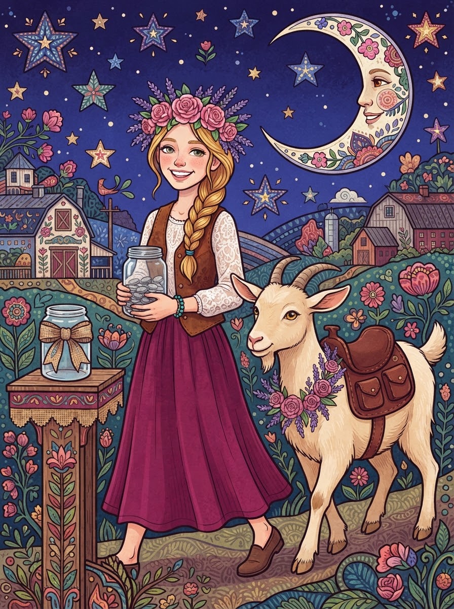 Dolly and Glimmer walking home together under the evening moon