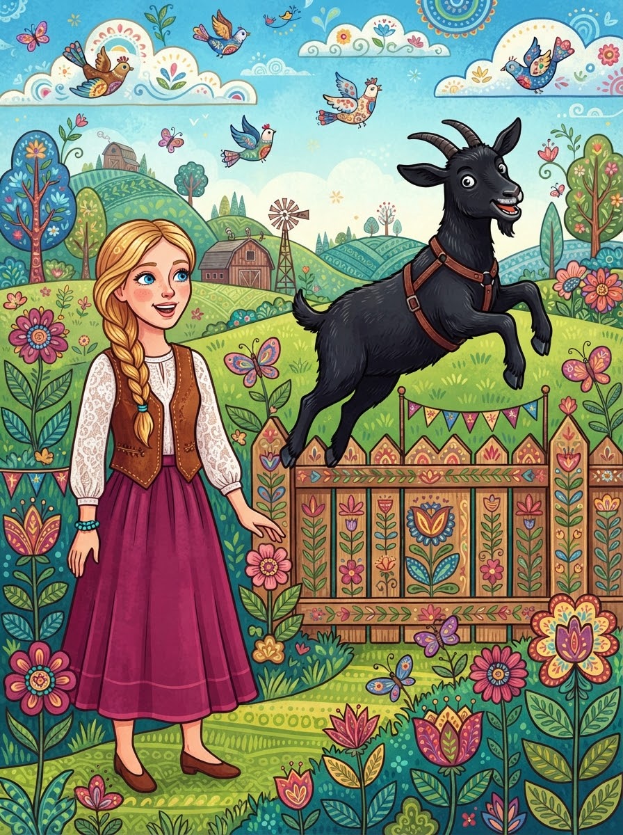 Barnaby the midnight black goat leaping over the pasture fence