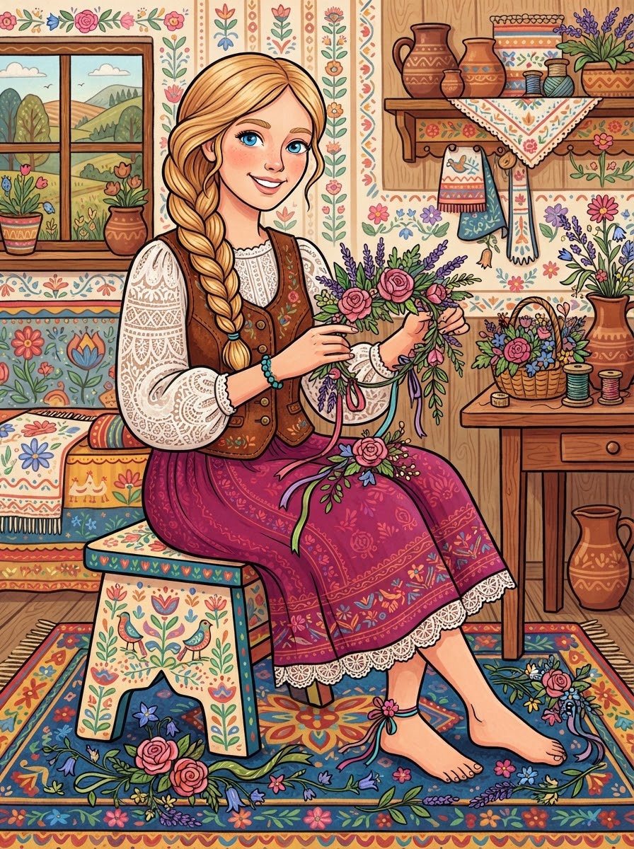 Dolly weaving lavender and rose floral crowns