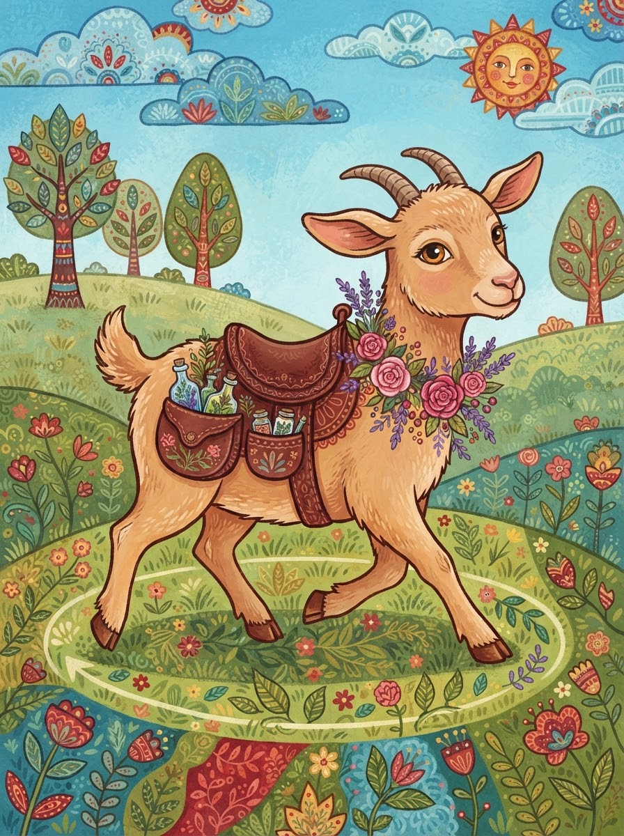 Glimmer wearing the drink-carrying leather pack and flower crown