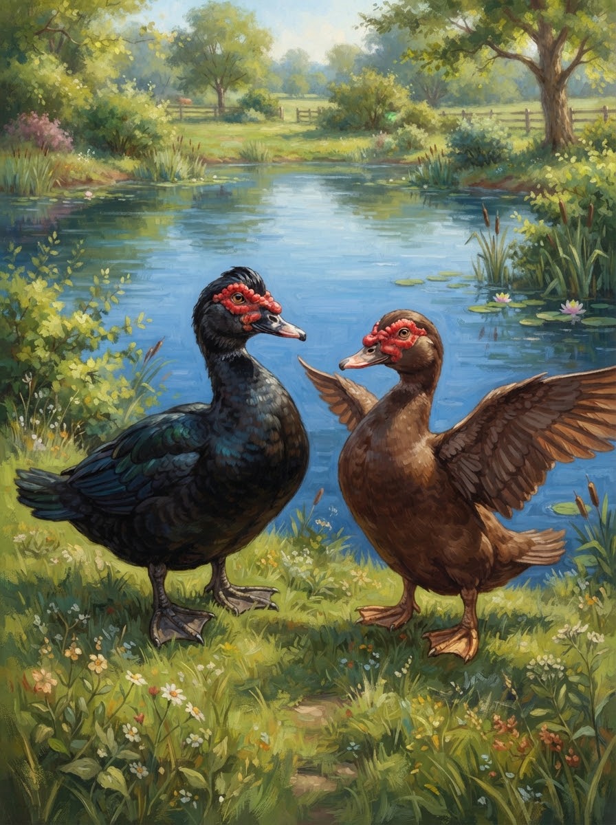 Mr. Black and Mr. Brown confronting each other at the water's edge