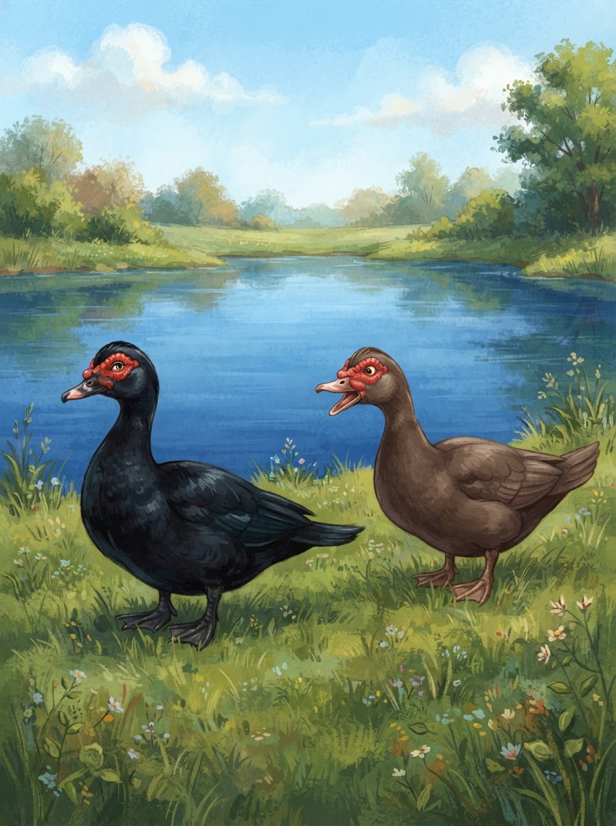 Mr. Black and Mr. Brown standing divided on the pond bank