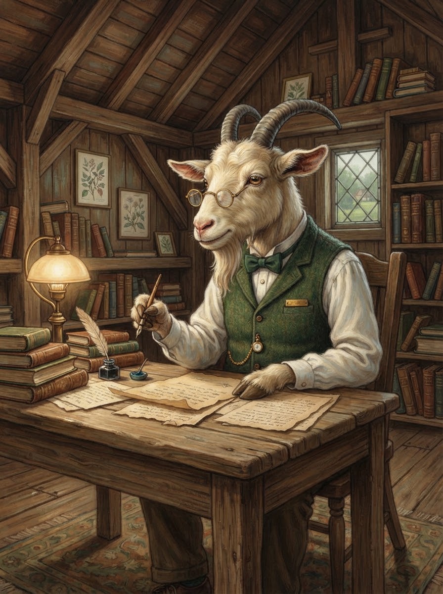 Professor Gruff drafting the official pond schedule at his wooden editor desk
