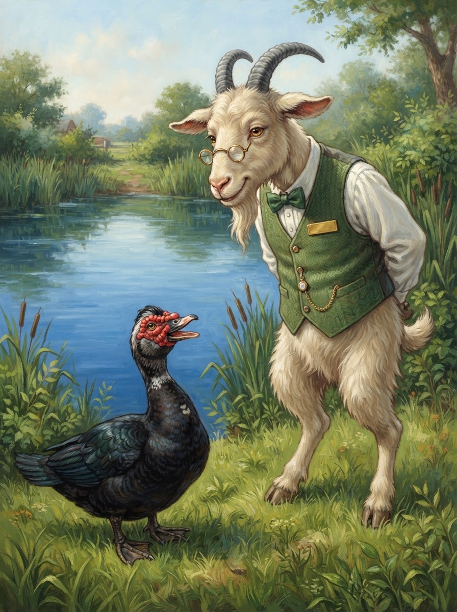 Professor Gruff listening carefully to Mr. Black by the water's edge
