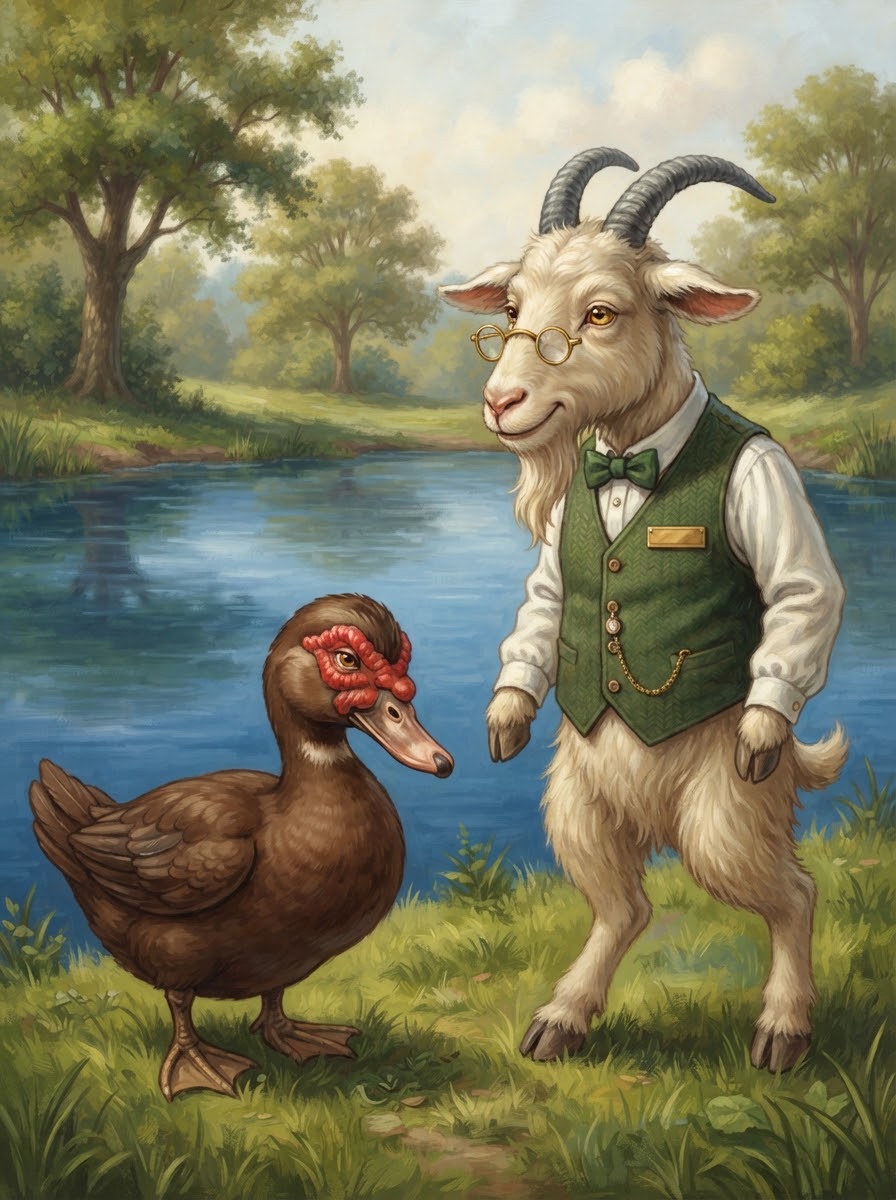 Professor Gruff interviewing Mr. Brown by the pond