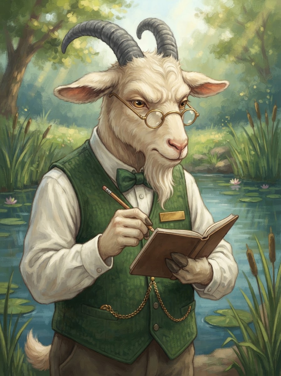 Professor Gruff reading his reporter's notebook with round wire spectacles