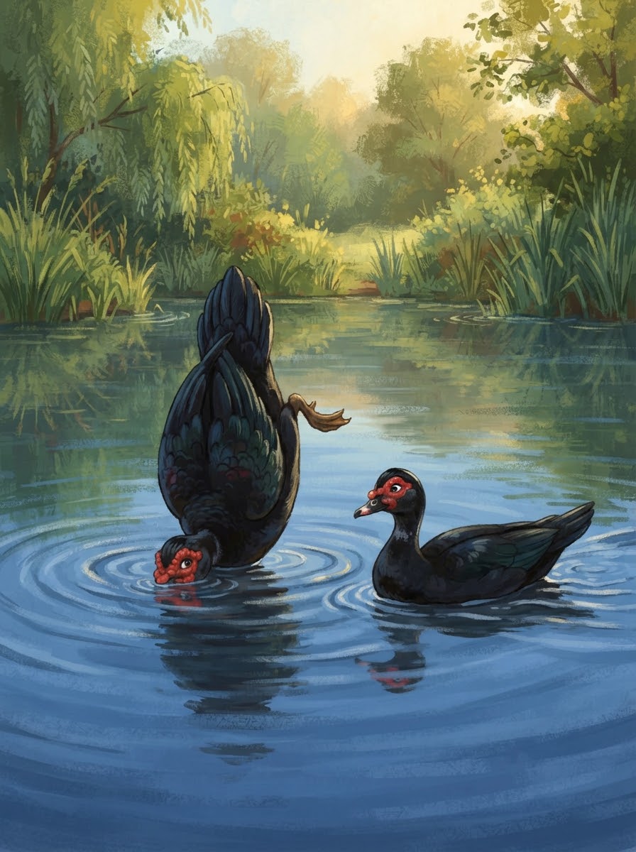 All the Muscovy ducks paddling happily together during the Sunset Flotilla