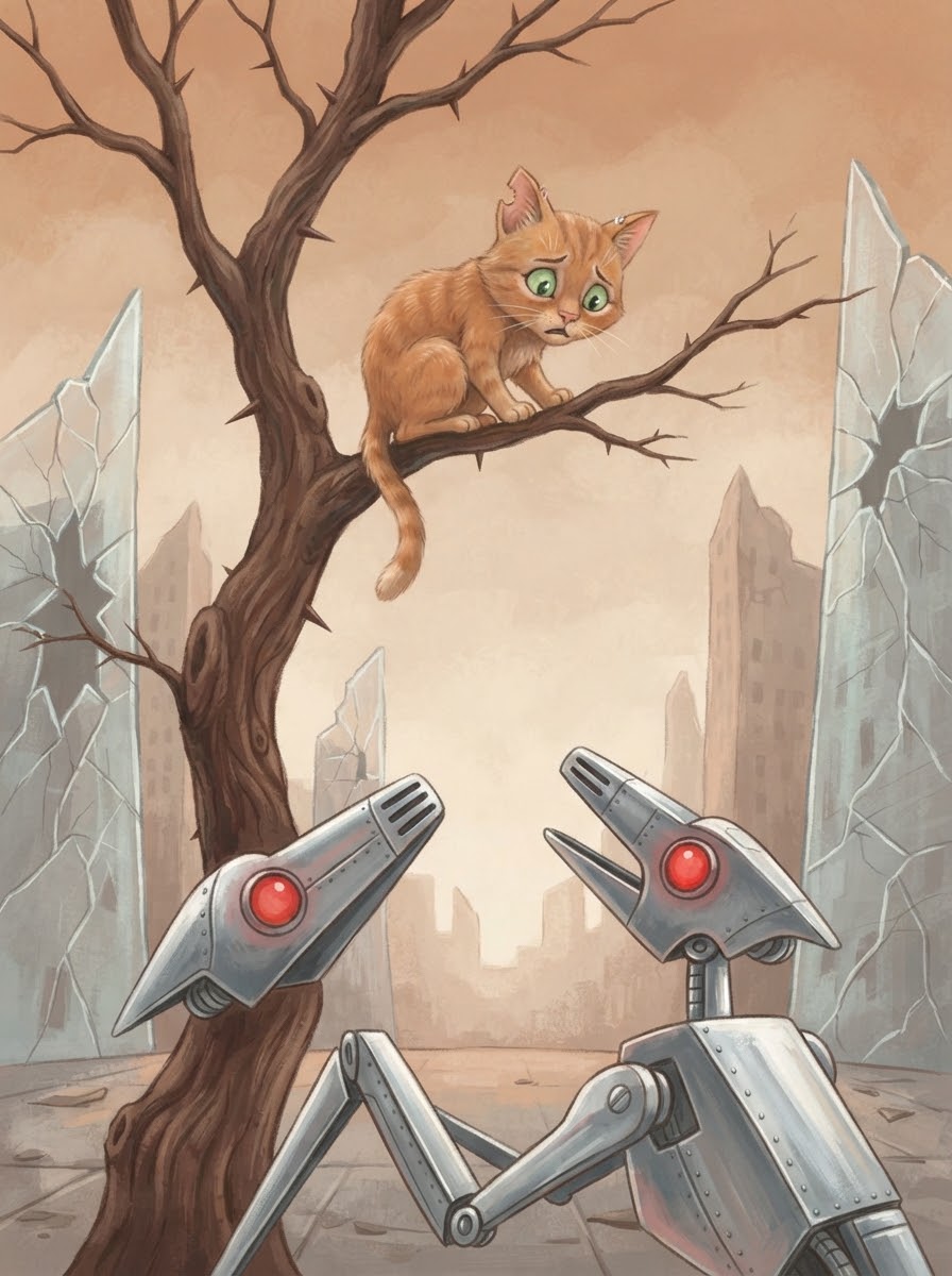 Ocean the cat trapped in the locust tree with robotic dogs below