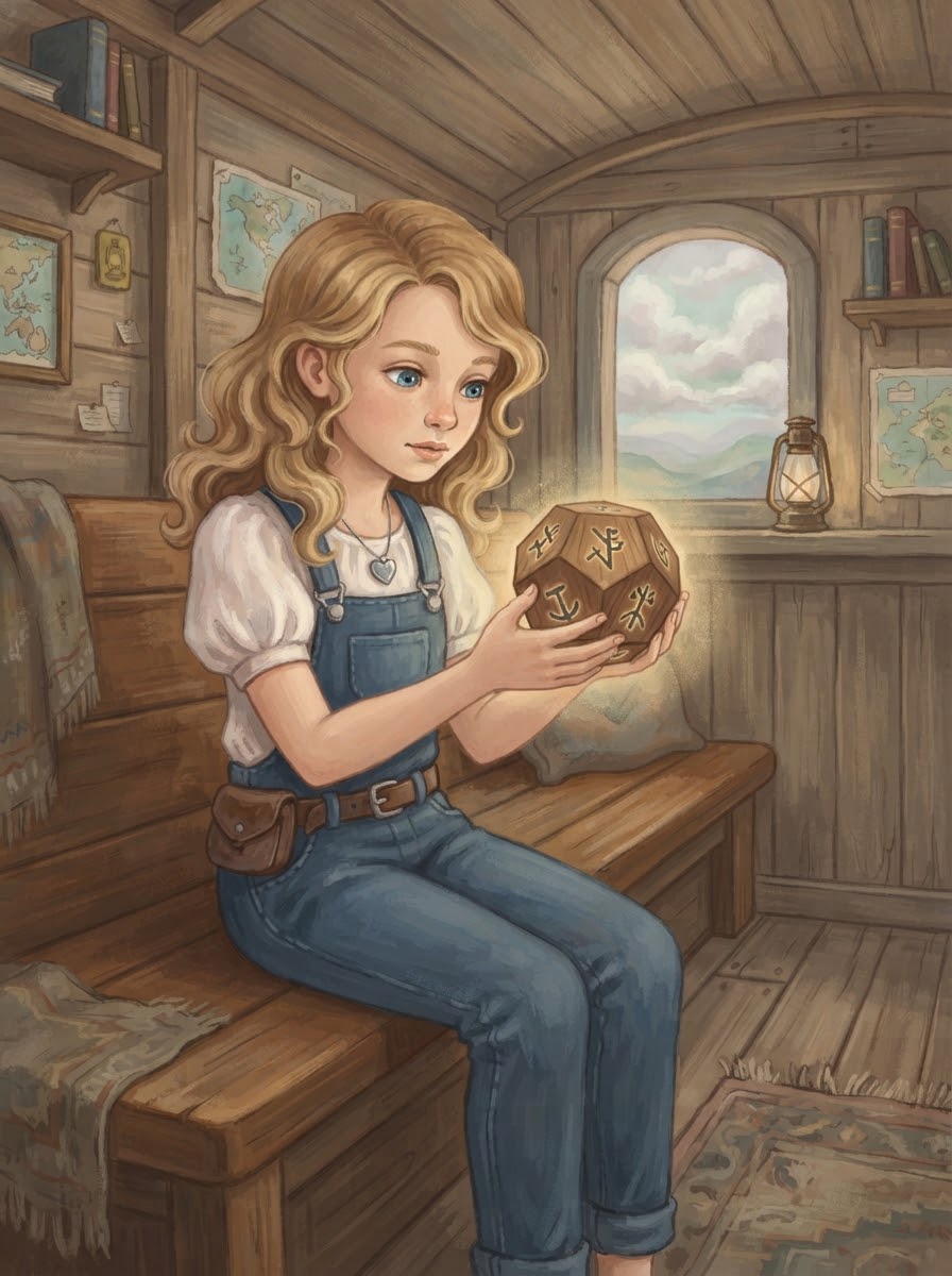 Dolly holding the glowing wooden Dodecahedron