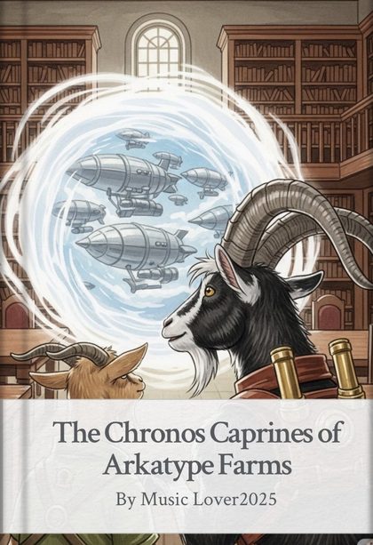Cover of The Chronos Caprines of Arkatype Farms — two goats before a library wormhole of airships