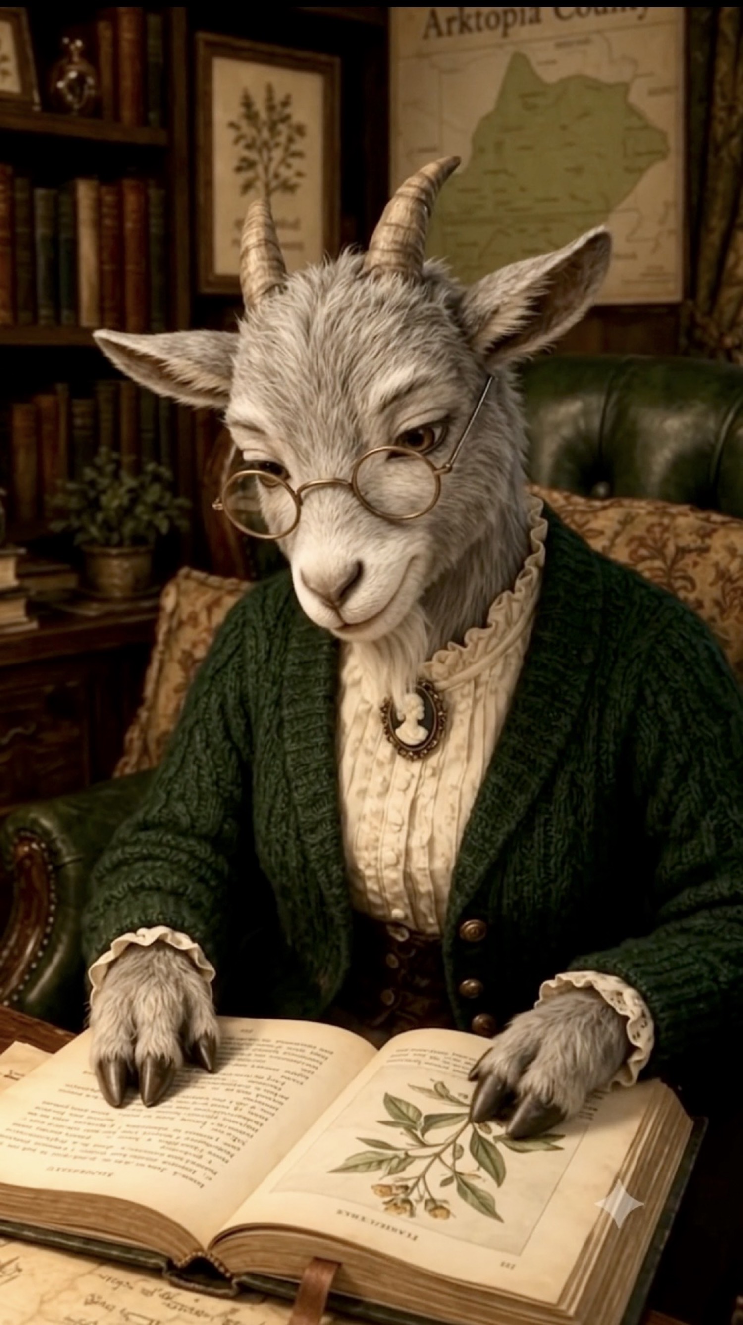 Dr. Emily Gruff in her Arktopia County study, reading a botanical plate