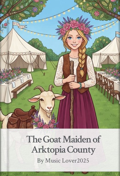 Cover of The Goat Maiden of Arktopia County — Dolly in a rose crown beside a white goat at the festival