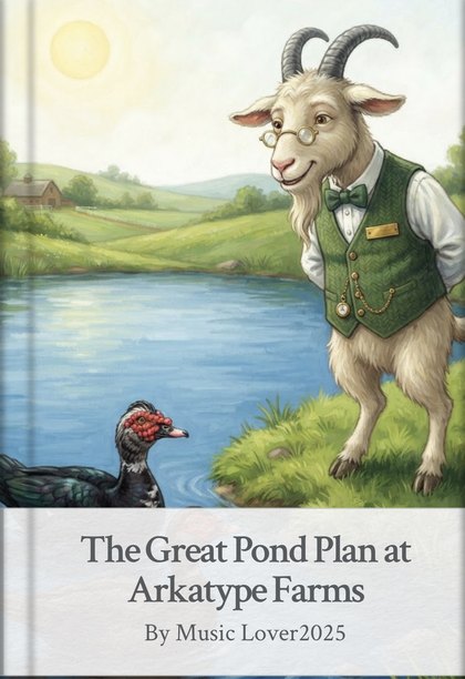Cover of The Great Pond Plan at Arkatype Farms — Professor Gruff and a Muscovy duck at the pond