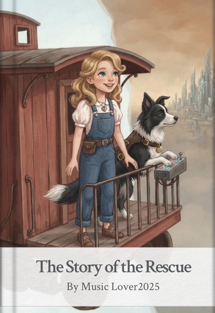 Cover of The Story of the Rescue — Dolly and Charlotte on the caboose above a future city