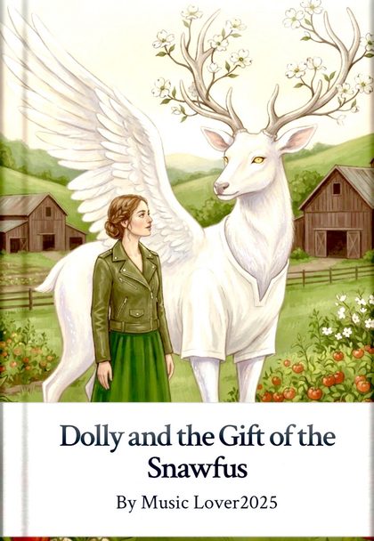 Cover of Dolly and the Gift of the Snawfus — Dolly beside a winged white deer with flowering antlers